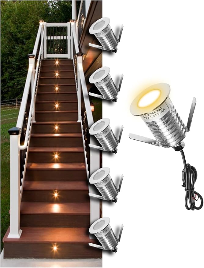 Low Voltage Deck Light 6-Pack 1W 80 Lumens Landscape Lighting φ35 mm Recessed LED Outdoor Step Stair Lights Full 304 Stainless Steel Deck Lighting Wired for Outside Yard (SG07 6-Pack 2700K)