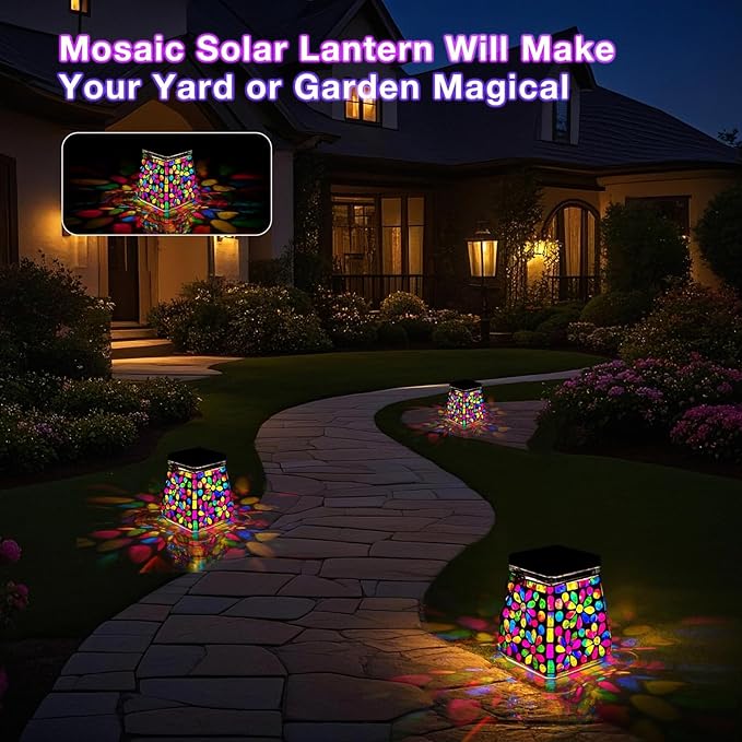VOREEN Mosaic Glass Solar Lantern &amp Table Lamp 600mAh Solar Powered Outdoor Light Dual Modes Warm White &amp RGB Waterproof IP44 Garden Patio Yard Decor Handmade Gift for Women Mom Friends