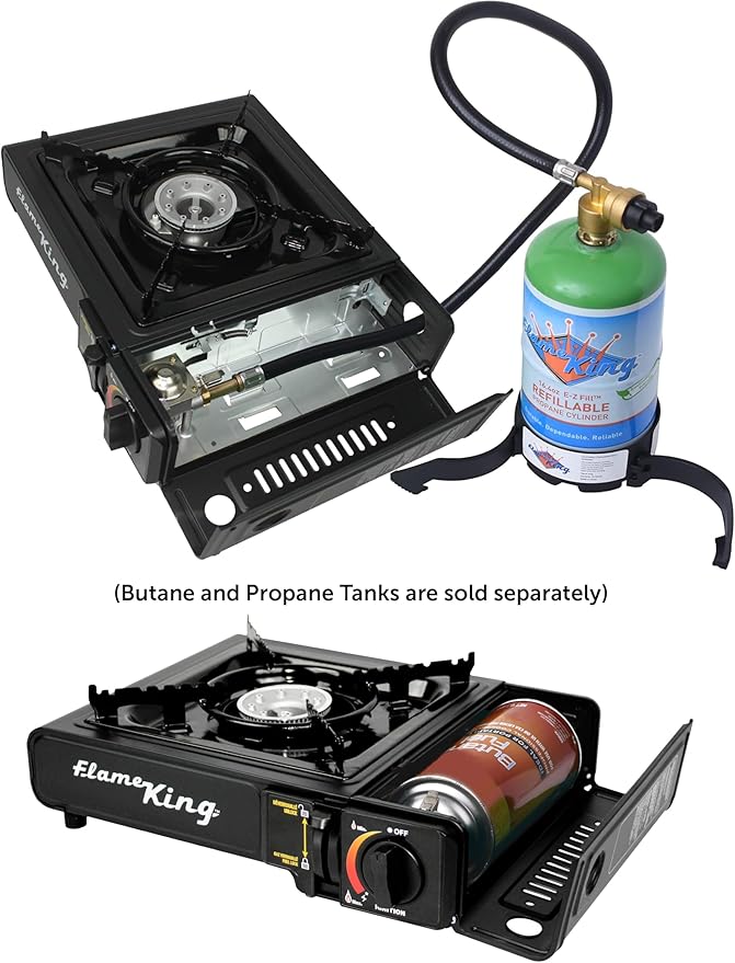 Flame King YSNVT-505-B Dual Fuel Butane &amp Propane Gas Camping Stove with Single Burner Portable and Great for Outdoor Cooking Backpacking