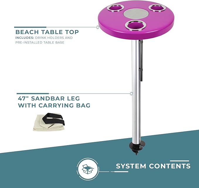 Manufacturers' Select ITC Beach Table with Sand Bar Auger Post Durable Beach Accessory Yard Campground Glamping in and Out of The Water. (Magenta Pink 47 Sand Bar)