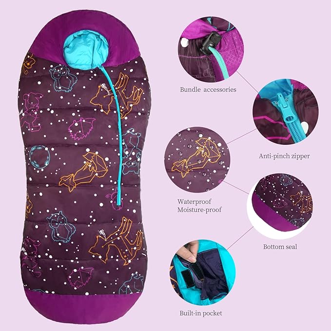 AceCamp Glow in The Dark Mummy Sleeping Bag for Kids and Youth Temperature Rating 30°F/-1°C Water-Resistant for Camping Hiking and Slumber Party