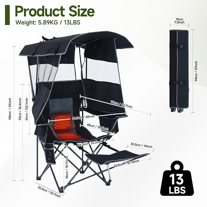 CDEN Heated Canopy Chair with Battery Heated Camping Chair with Footrest Umbrella Chairs Foldable With Detachable Footrest Cooler Bag Cup Holder Side Pocket Power Bank Included (2 Pack Black)