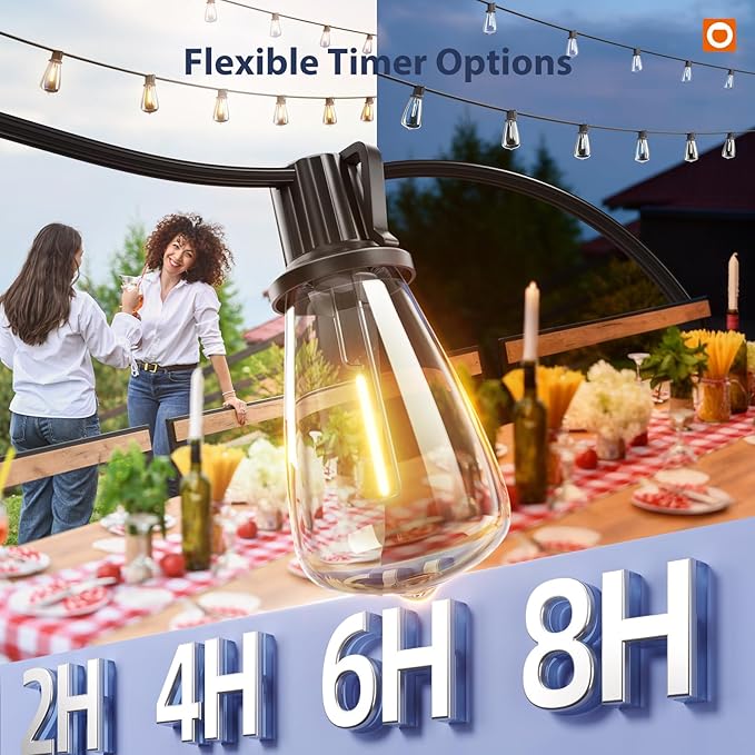 addlon 102FT(96+6) Solar String Lights Outdoor with Remote 48 LED Dimmable Waterproof Patio Hanging Lights (2FT Bulb Spacing) Long-Lasting Solar Light for Outside Yard Backyard Garden Camping