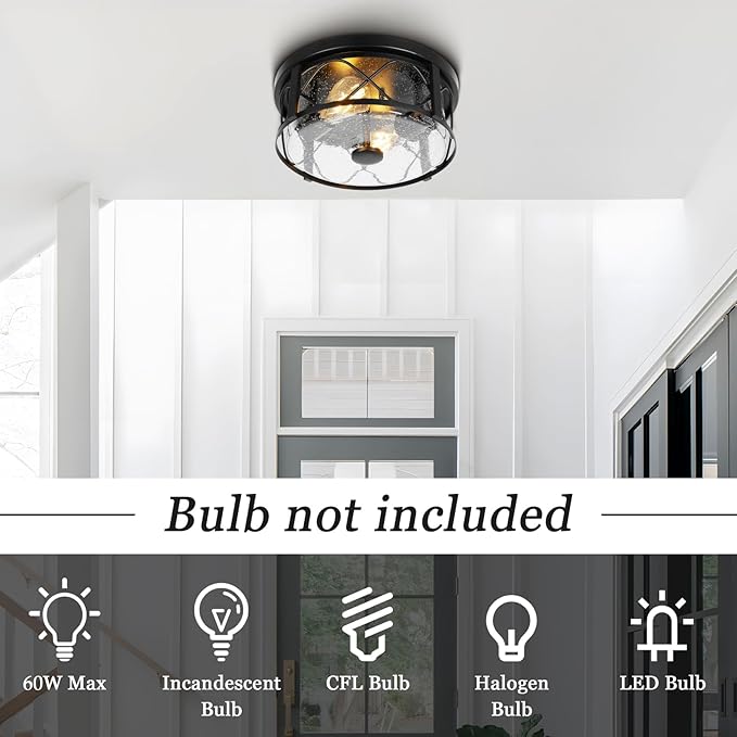Rustic Close to Ceiling Light Fixtures Farmhouse Flush Mount Ceiling Lighting Metal Cage Lighting with Seeded Glass Black Cage for Home Kitchen Dining Room Bedroom Hallway Entryway Foyer