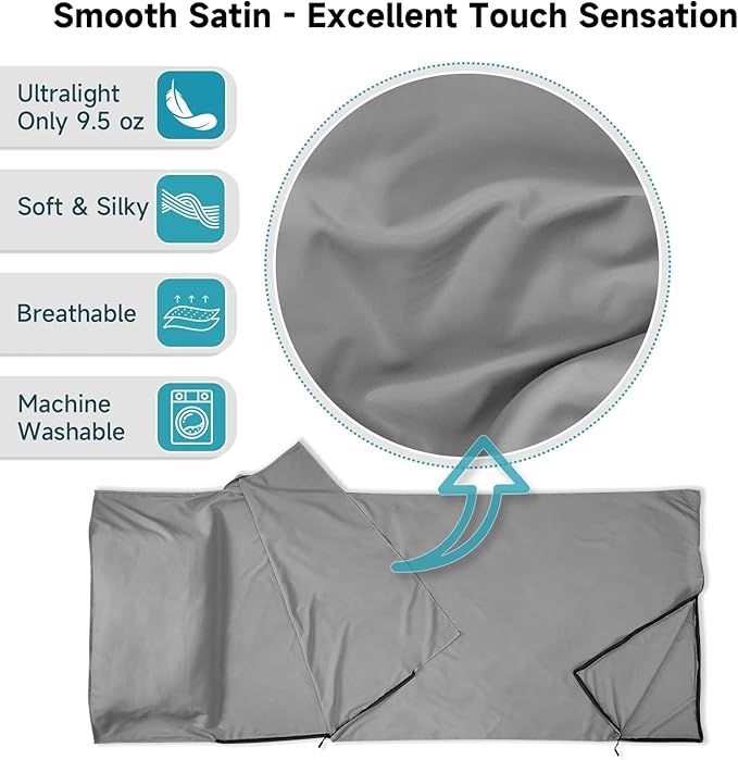 Sleeping Bag Liner 9.5oz Ultralight Satin Travel Sheets for Hotel with Two Way Zippers Silky Camping Sheets &amp Adult Sleep Sack for Backpacking Hiking Business Trips