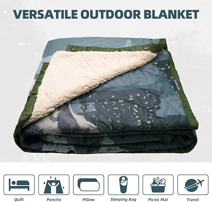 Outdoor Camping Blanket with Sherpa Lining Extra Warm Thick Camp Blankets and Puffy Ultralight Soft Poncho DWR Camping Quilt for Cold Weather Adventure Sleeping Backpacking 78x 56