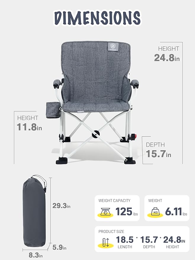 EVER ADVANCED Kids Camping Chairs with Cup Holder Padded Folding Camping Chair Outdoor with Safety Lock Carry Bag Lightweight Portable Camp Chairs for Beach Balcony Patio Supports 150lbs Grey