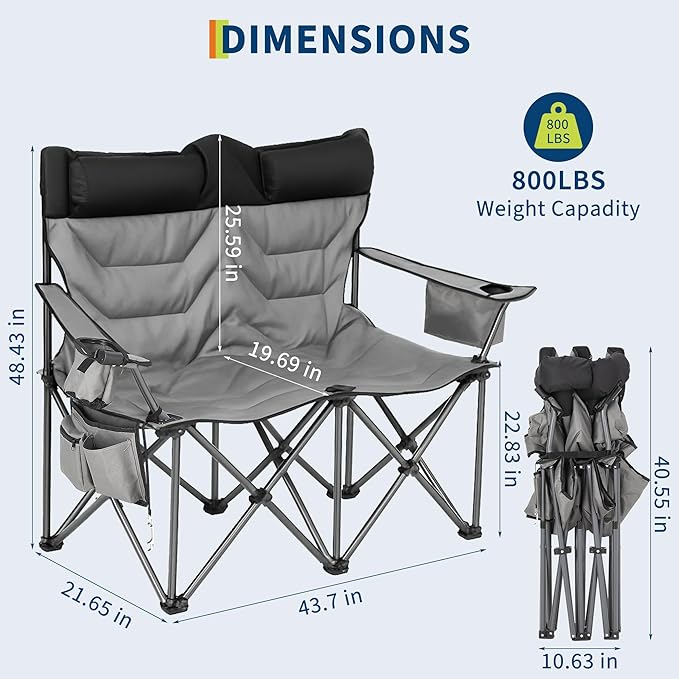 Oversized Double Camping Chairs Heavy Duty Padded Loveseat Chair - 900 LBS Support for Adult - Comfortable Camping Chair with High Back &amp Pillow