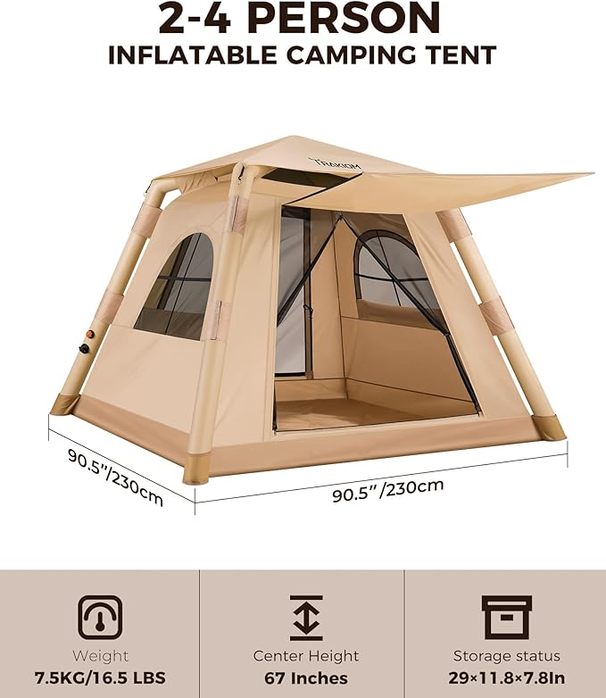 Inflatable Tents for Camping 2-4 Person Easy Set Up Camping Tent with Automatic &amp Manual Pump Waterproof Blow Up Tent for Family Outdoor