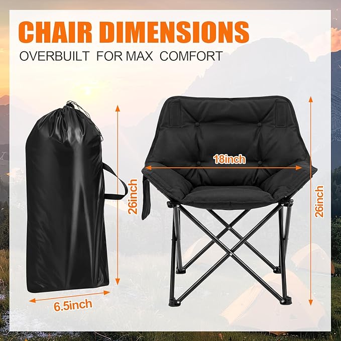 Redbaker 4 Pack Padded Camping Chairs for Adults Oversized Heavy Duty Folding Lawn Chair 400 Lbs Support with Carry Bag for Outdoor Camping Beach Fishing Patio Black