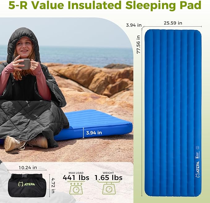 ATEPA ThermAir Pro Backpacking Inflatable Sleeping Pad 5 R-Value Insulated Ultralight Portable Sleeping Pad Thick Camping Mat with Stuff Sack for Camping Backpacking Tent Wide Long Size 77.5x25.6