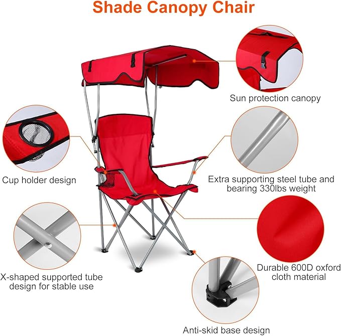 Foldable Beach Canopy Chair Camping Chair Fishing Camp Outdoor Lawn Chair Sun Protection 330LBS Load Folding Camping Canopy Shade Seat with Cup Holder for Beach Poolside Travel Picnic (Red)