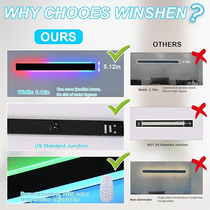 WINSEHN 2-Pack 60-Inch Long Linear Outdoor RGB Wall Light Fixtures 36W IP65 Waterproof Exterior Wall Mounted Entrance Lighting for Garage Porch House Remote Control Included