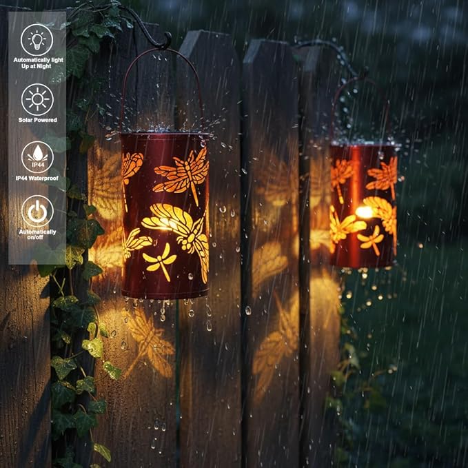 12.8 Large Size 2-Pack Outdoor Solar Lanterns Waterproof Metal Dragonfly Patterns Garden Decor Gifts for Women Mom Grandma Hanging Solar Lanterns for Outside Yard Patio Backyard Porch