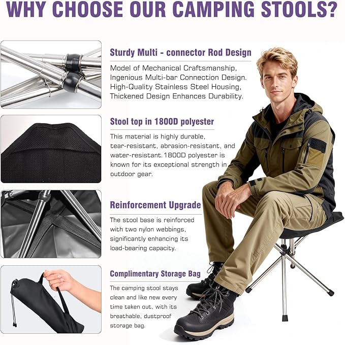 Ultra-Lightweight Camping Stoo - 260lbs Capacity | 13.8in Expanded Height | 1.2lbs Ultra-Light &amp Waterproof | 1-Pull Quick Setup for Camping Hiking Fishing BBQ &amp Waiting in Line (Black)