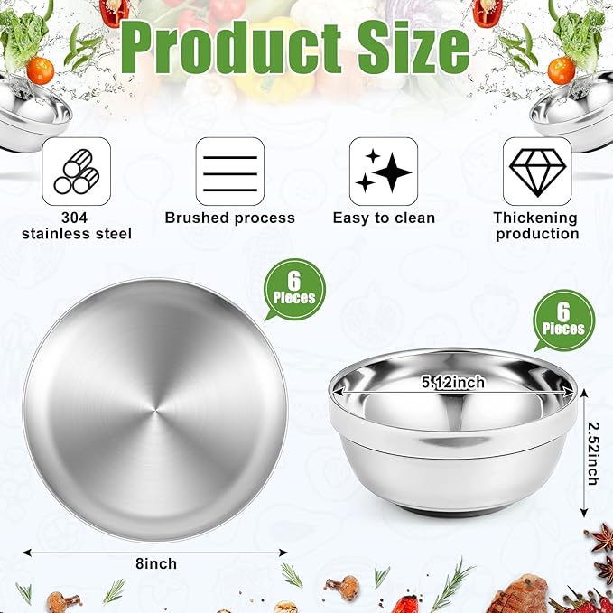 Sunnyray 304 Stainless Steel Plates and Bowls Metal Camping Plates Reusable 13 oz Steel Snack Bowls Dinner Dishes Double Walled Insulated Metal Dinnerware(6 Sets8 x 8 Inch)