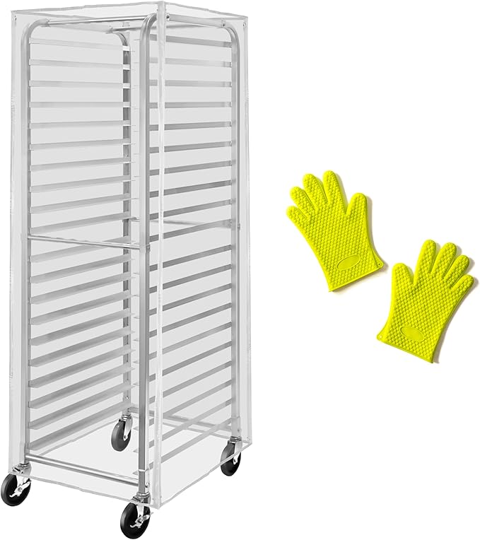 20 Tier Bun Pan Rack Cover Heavy Duty Clear PVC Tear Resistant Reinforced Seams Cold Crack Resistance -15 Degrees with Silicone Oven Gloves