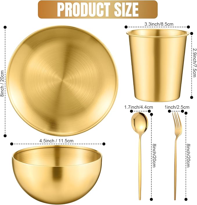 Jinei 30 Pcs 304 Stainless Steel Dinner Set Stainless Steel Plates and Bowls Include Plates Bowls Cups Forks Spoons Utensil Reusable Metal Camping Dinnerware Tableware for Home Picnic Kitchen (Gold)