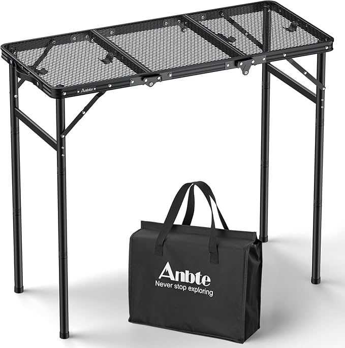 Anbte 3ft Tri-fold Grill Table 2 Adjustable Heights Max 29.5 Sturdy Metal Grill Table with Storage Bag Heat-Resistant Tabletop Portable Handle for Cooking BBQ Outdoor Travel 35 x 16 Black