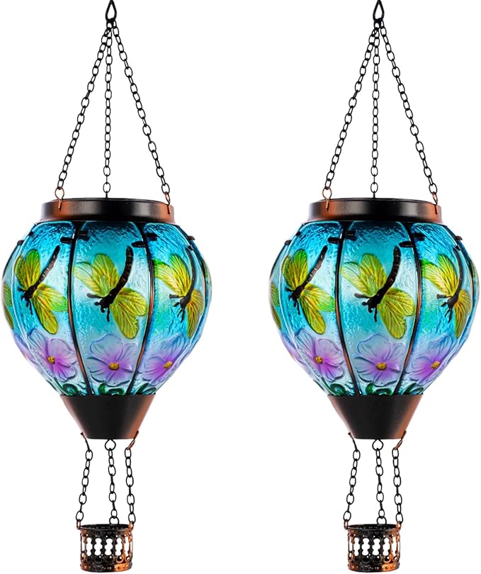 2 Pack Dragonfly Hot Air Balloon Solar Lantern Outdoor Waterproof Glass Balloon Lanterns for Outside Decorative Hanging Solar Lights Patio Garden Yard Gift for Women Moms