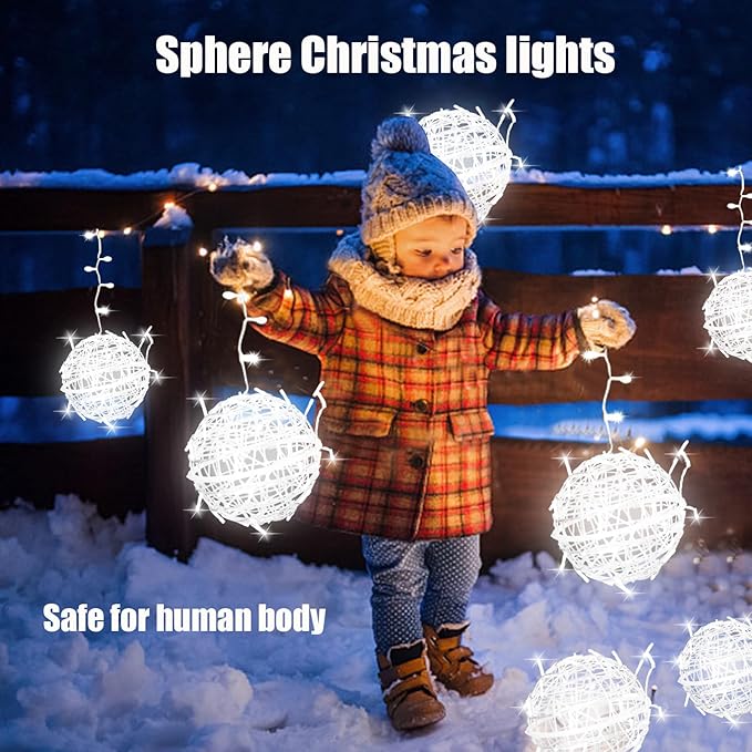 Outdoor Christmas Balls Lights Tree Lights Waterproof 4 Pack 7.87 LED Hanging Globe Sphere Lights with 8 Lighting Modes Memory Timer Plug for Party Wedding Xmas Porch Patio Garden Yard Decorations