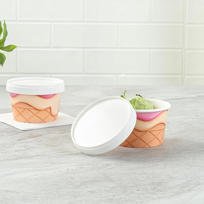 Restaurantware LIDS ONLY: Coppetta 3.82 x 0.63 Inch To Go Cup Lids 200 Durable Ice Cream Cup Lid - With Plastic Spoon For Hot &amp Cold Foods White Paper Disposable Lid For Dessert Cups