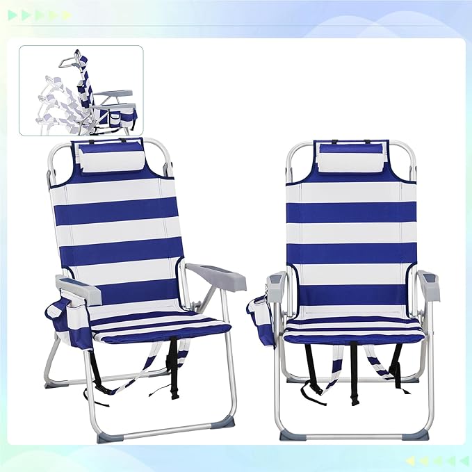 Reclining Backpack Beach Chair Folding Beach Chair for Adults Lightweight Beach Chair High Back Beach ChairsLightweight Folding Beach Camping Chairs Blue Stripes 63 x 70 x 99cm