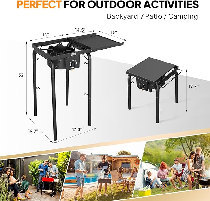 ROVSUN Single Burner Gas Stove with Side Shelf 100000BTU Portable Propane Stove with Removable Leg &amp Regulator for Camping Home Backyard Outdoor Cooking Brewing Canning Turkey Frying
