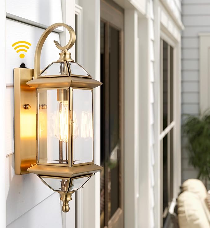 18.5''H Dusk to Dawn Sensor Outdoor Wall Light Fixture Golden Copper Porch Light with Tempered Glass Exterior Lighting Wall Mount for GaragePorchPatioOil-Rubbed BrassE26 Socket1 Pack