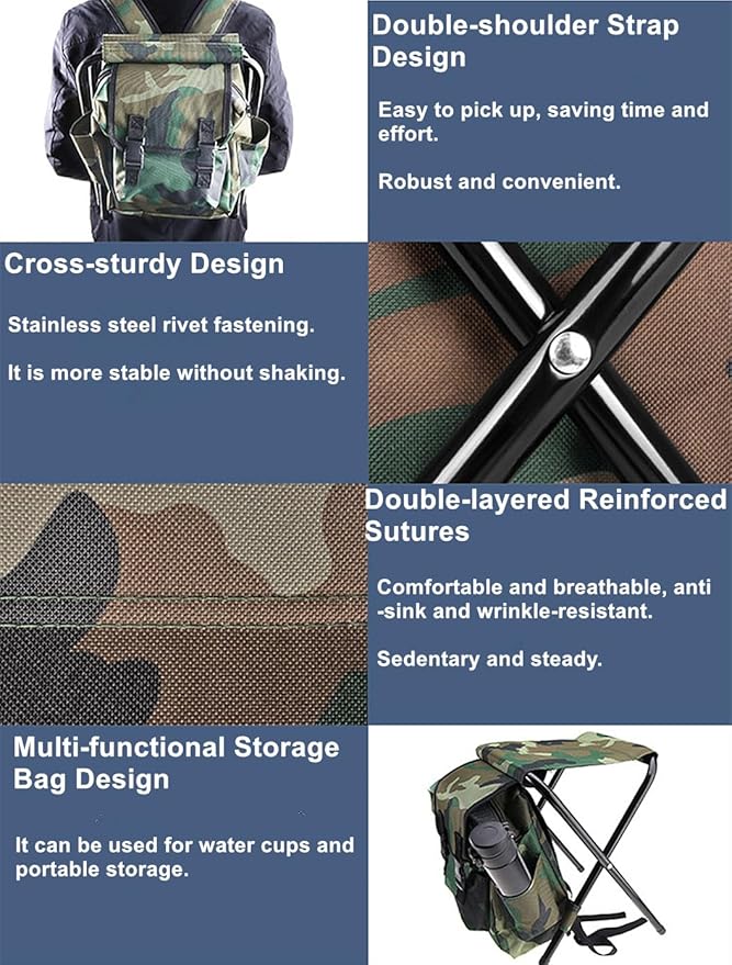 UNISTRENGH Foldable Camping Chair Backpack Stool with Cooler Insulated Picnic Bag for Outdoor Indoor Fishing Travel Beach BBQ (Camouflage)