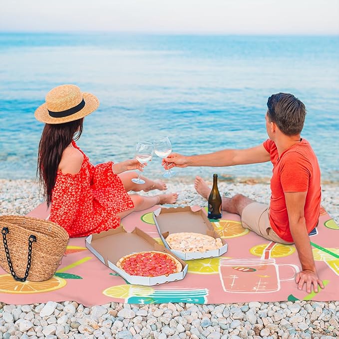 Waterproof Sandproof Beach Blanket 59''×68'' Food Juice Polyester Outdoor Picnic Blanket with 4 Stakes &amp Storage Bag for BeachCampingVacation Light Pink