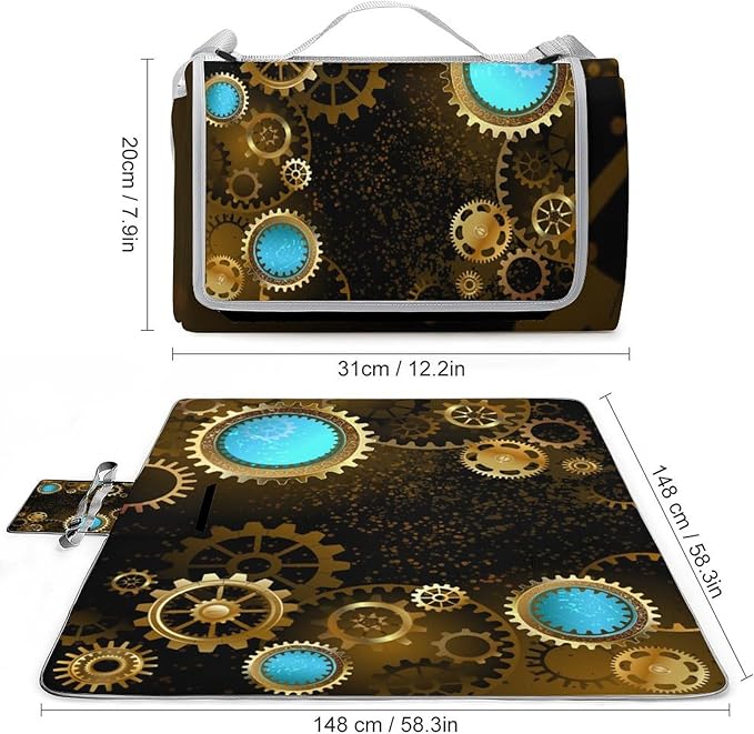Vintage Steam Punk Clock Art Waterproof Outdoor Picnic Blanket Sandproof Beach Mat for Camping Hiking Grass Travelling
