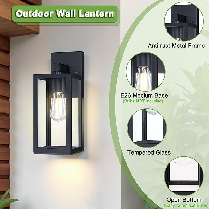 GRUENLICH Waterproof Large Outdoor Wall Lanterns Modern Black Porch Sconces with Clear Glass Shade E26 Socket Max 60W IP65 Rated Metal Frame for Patio Front Door Entryway 2-Pack