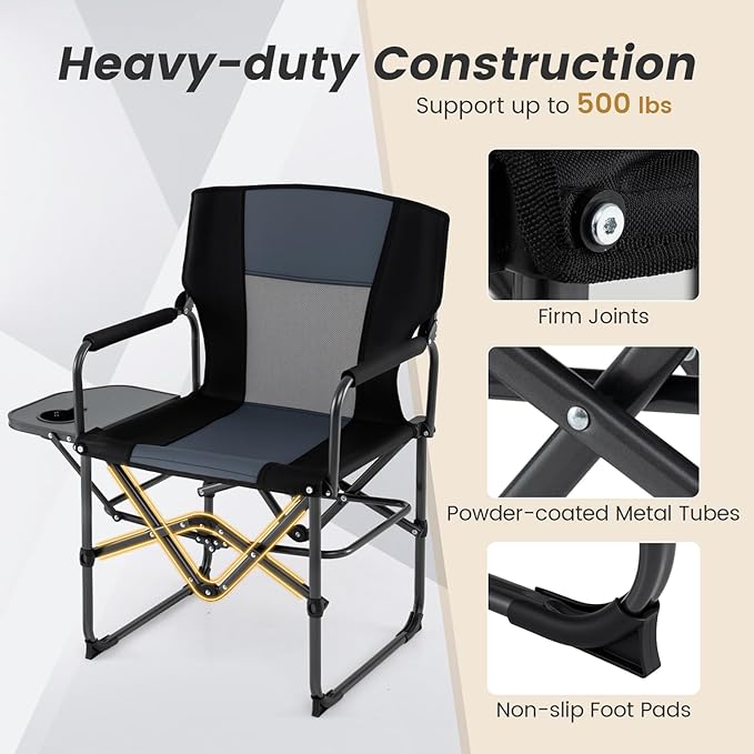 Goplus Folding Camping Chair 2 Pack Heavy-Duty Director Chair with Side Table &amp Cup Holder Portable Padded Chair with Carrying Bag for Picnic Beach Fishing Sports Supports up to 500 LBS