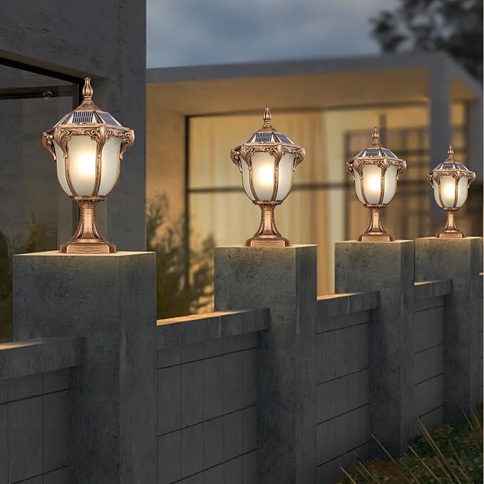 SLAWA 2 Packs Solar Pillar Lamps 18.1In Outdoor Post Caps Light Solar Power Post Lighting Bronze Column Lamps with Glass Waterproof Landscape Lighting Fence Deck Bollard Light Mailbox Yard Path Lamp