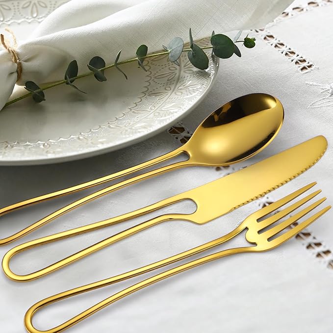 Gold Silverware Hollow 20 Piece Flatware Set For 4 Kitchen Cutlery Stainless Steel Forks Spoons and Knives Unique Utensils Party Festival Restaurant Durable