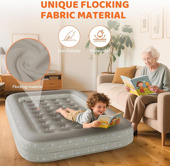 Inflatable Toddler Travel Bed: Portable Blow Up Travel Toddler Bed with Safety Sides - Toddler Air Mattress with Electric Pump ＆ Carry BagIdeal for Sleeping and Outdoor Camping (Beige 60)