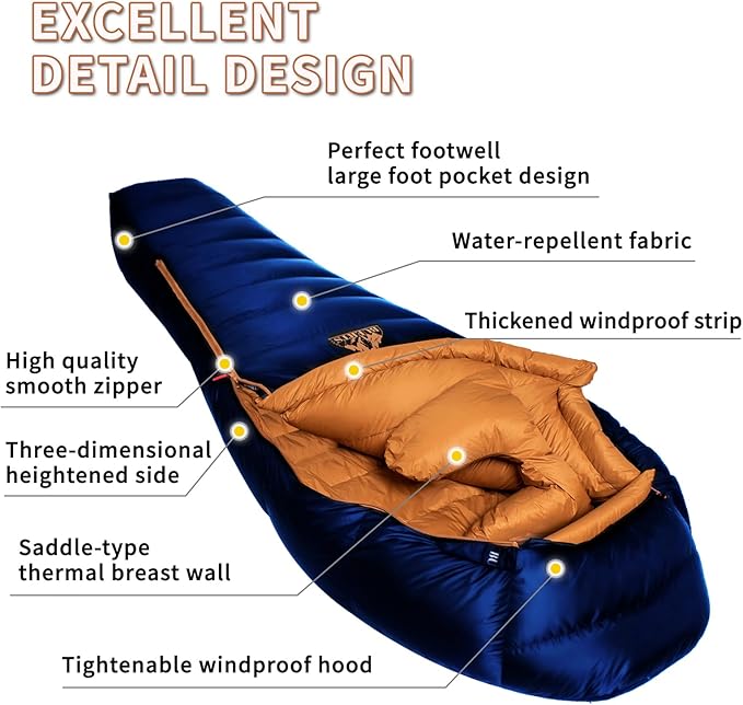 Down Backpacking Sleeping Bag 680FP. Cold Weather Sleeping Bag 0°F-32°F (Multiple Temperature Options) XL Large 4 Season Sleeping Bag for Adults Camping Hiking Mountaineering.