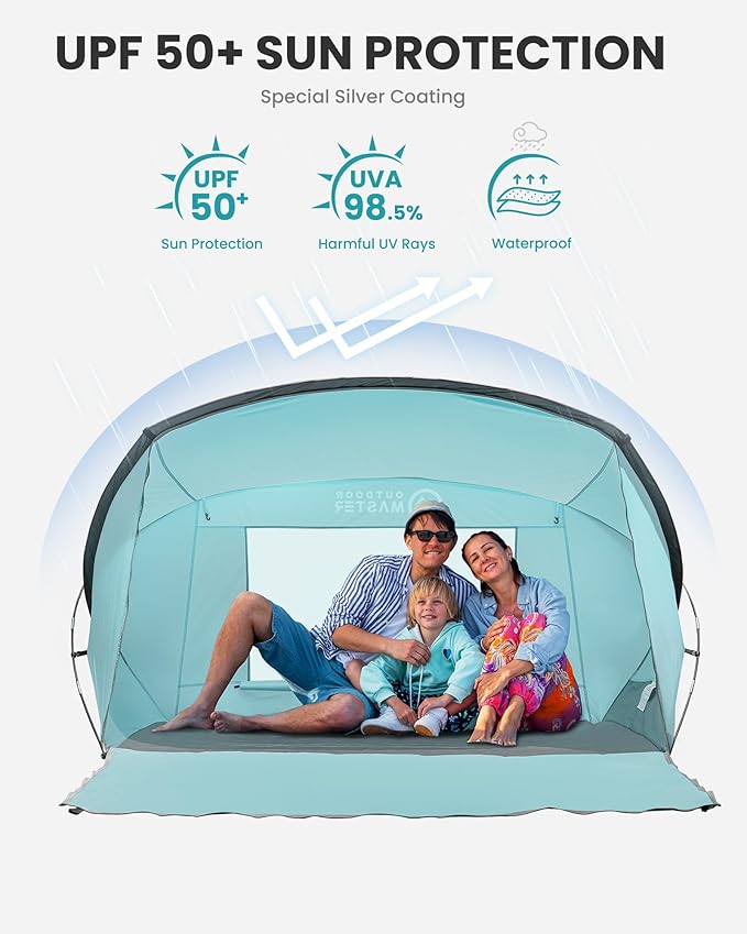OutdoorMaster Beach Tent for 3-4 Person - Easy Setup and Portable Beach Shade Sun Shelter Canopy with UPF 50+ UV Protection Removable Skylight Family Size - Green