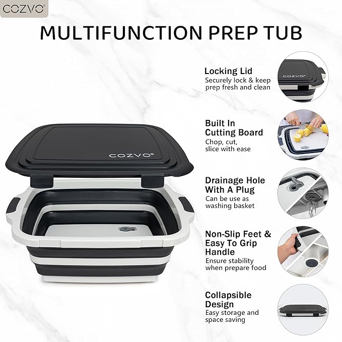 6-in-1 Collapsible BBQ Prep Tub &amp Marinade Container with Locking Lid | 20 Multifunction Camping Sink Portable Cutting Board and Food Storage Bin for Grilling Picnics Tailgating - Black