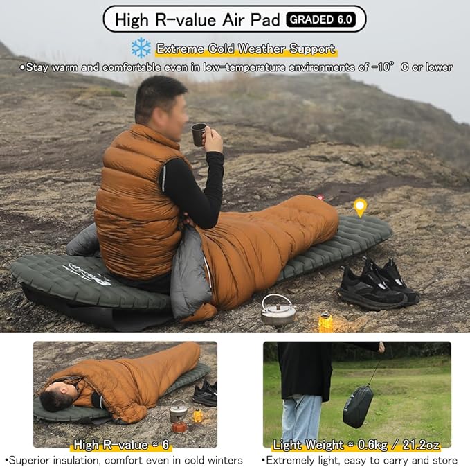 Camping Air Pad Graded 6.0 High R-Value 6 Insulation Warmth Comfort Compact Lightweight Air Mat Pump Bag Included Backpacking Climbing Outdoor Car Camping Inflatable Sleeping Pad