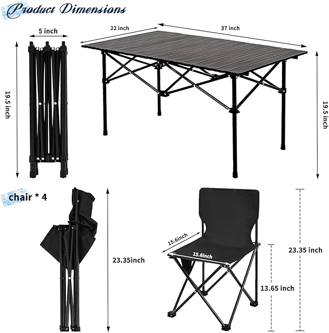 Camping Table Folding Portable Camp Table with 4 Chairs Folding Picnic Table with Carry Bag Indoor Outdoor for Camping Beach Patio RV Backyard BBQ Sturdy Stable Easy to Carry Black