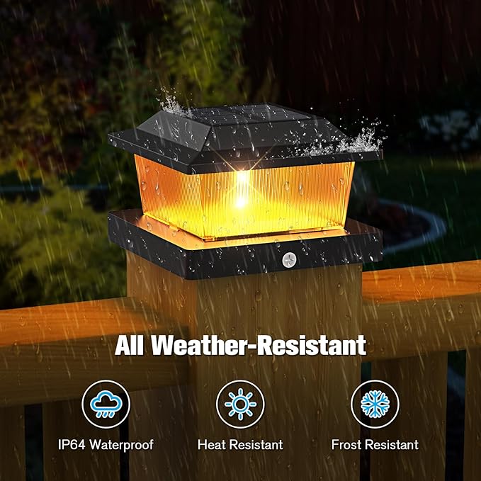 NIORSUN Solar Flame Post Cap Lights Outdoor Waterproof 4x4 Post Solar Lights with Flickering Flame LED Fence Posts Solars Light for Deck Patio Garden 4x4 Posts Caps Wood Vinyl 6 Pack (Black)
