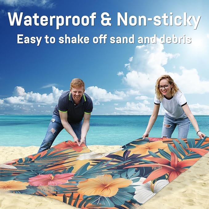 Waterproof Sandproof Beach Blanket 59''×68'' Palm Coconut Flower Polyester Outdoor Picnic Blanket with 4 Stakes &amp Storage Bag for BeachCampingVacation Yellow