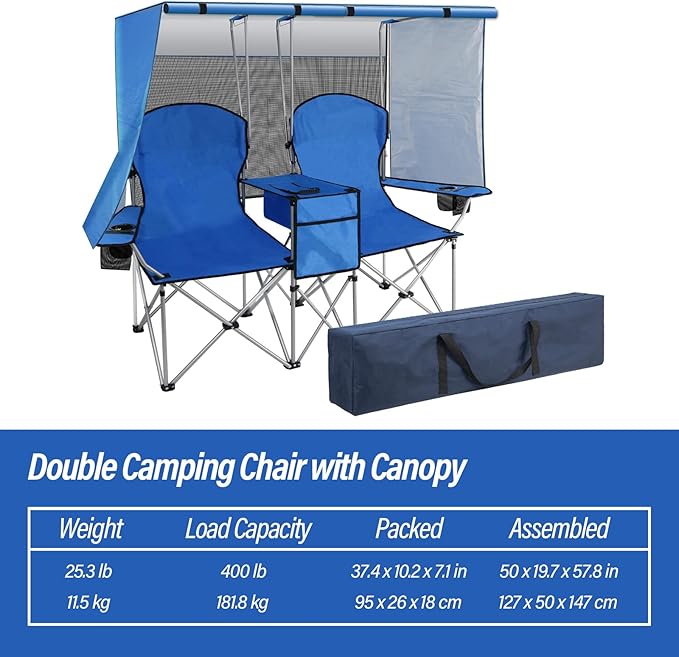 BDL Double Camping Chair with Canopy Two Person Folding Loveseat with Shade Heavy Duty Beach Chair with Cooler Bag Cup Holder for Outside Fishing Sports Beach-Sky Blue