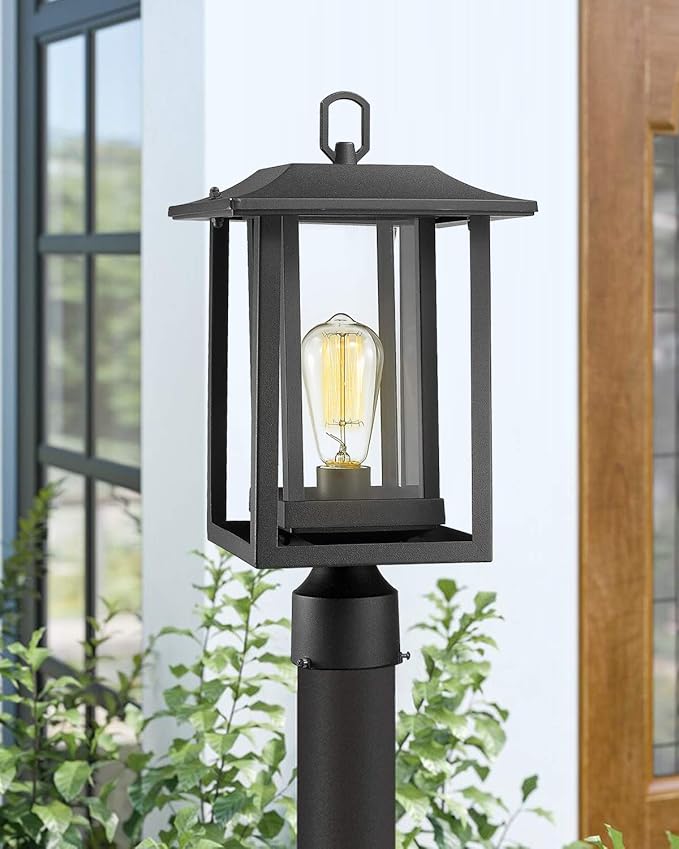 Beionxii Outdoor Post Light Large Exterior Lamp Post Light Pier Mount Lantern with Base Black Cast Aluminum w/Clear Glass (19 x 9) - A197P-1PK