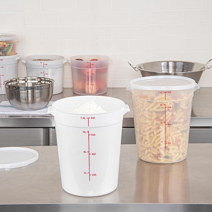 Restaurantware-Met Lux 8 Quart Food Storage Containers 10 White Storage Containers - Lids Sold Separately Red Volume Markers Dishwashable Containers Side Handles For Storing Foods