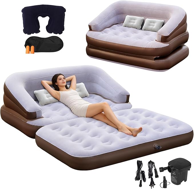 Full Size Inflatable Sofa Bed with Air Pump2-in-1 Blow-Up Couch and Folding Air Mattress Bed for HomeCampingand Guests