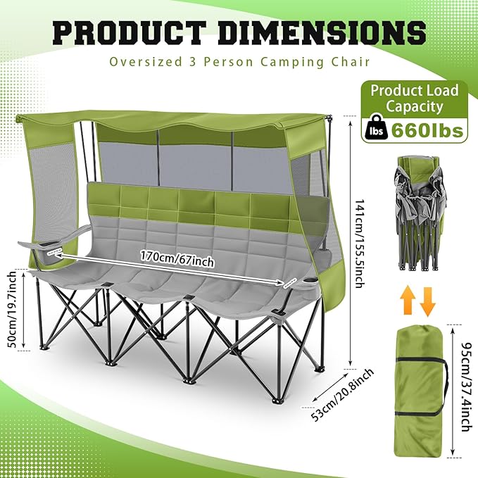 3 Person Beach Camping Chair with Canopy Shade Oversized Folding Loveseat 700lbs Heavy Duty Couch with Cup Holder Carry Bag for Lawn Outdoor Beach(Blue and Grey Canopy Camp Chair)