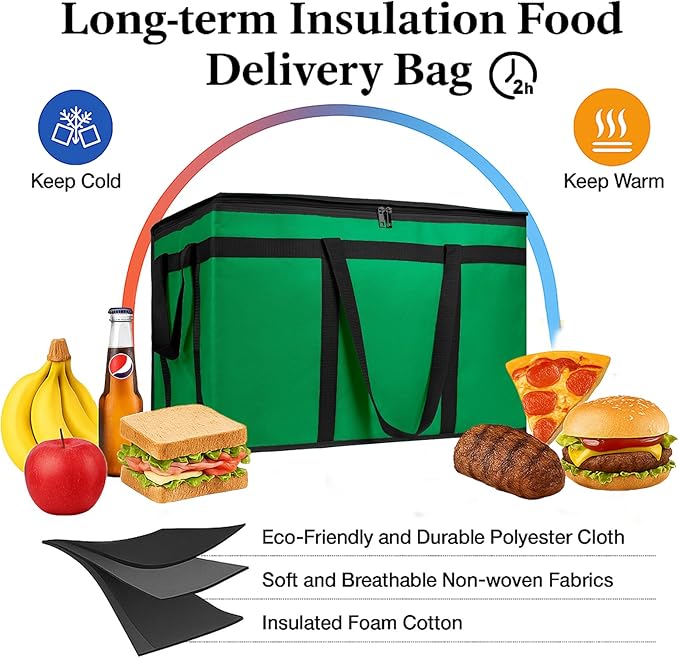 Bodaon Large 2-Pack Insulated Food Delivery Bag With Hard Bottom XXXL Grocery Shopping/Catering/Bags Rideshare Delivery Bag Cold/Hot Styrofoam Carrier for Travel/Car